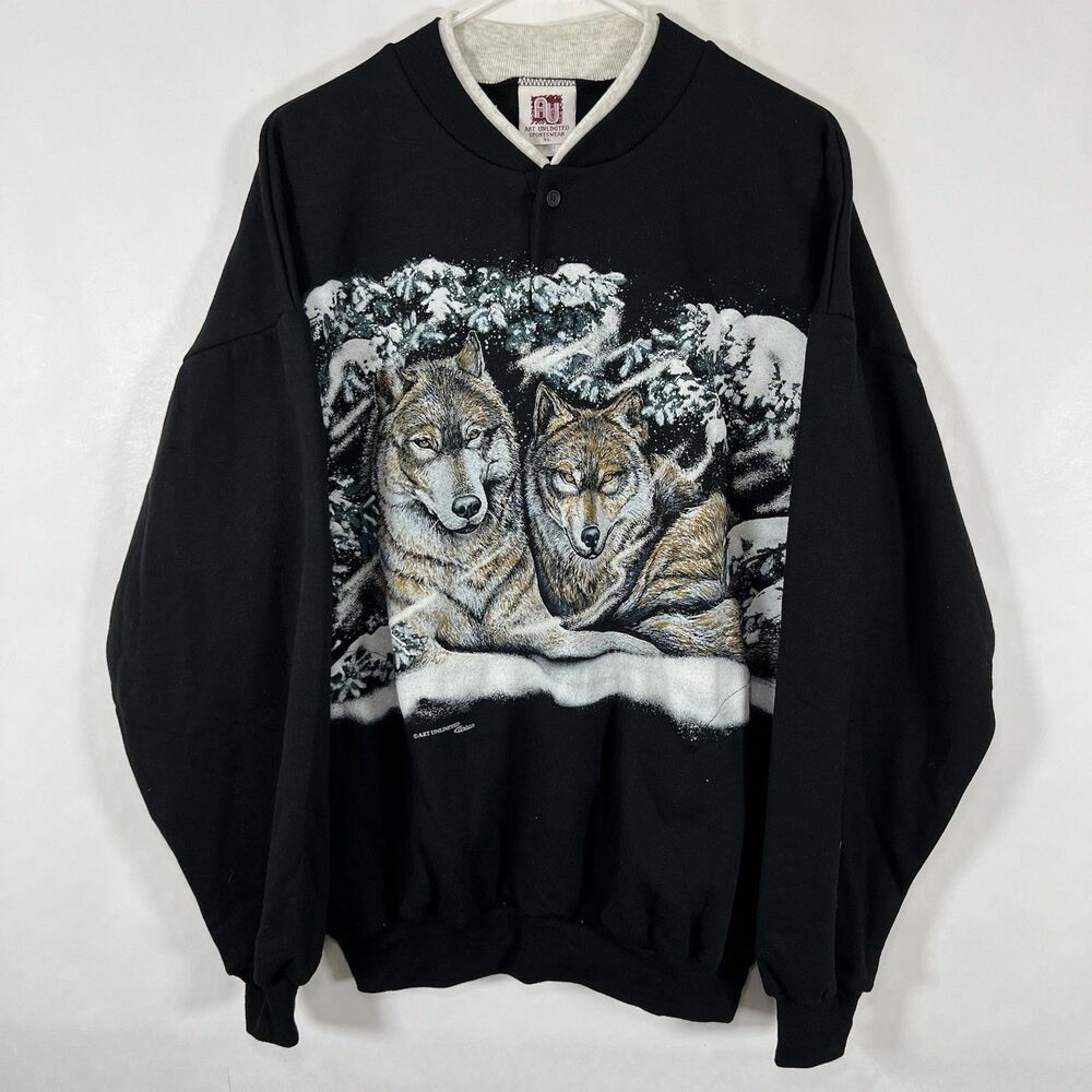 VTG Art Unlimited Sweatshirt Adult Size XL Black Wolves Wolf Wrap Around Graphic